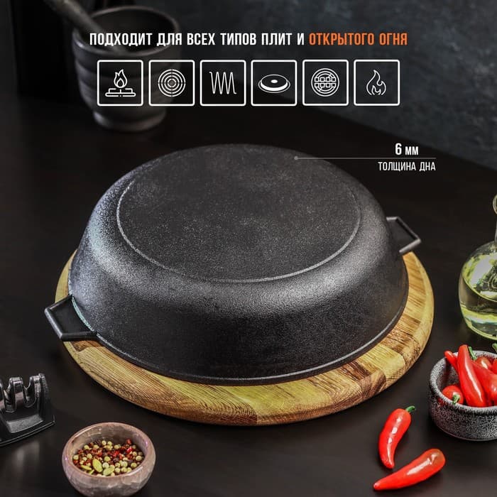 Сковорода литая Magma, d=26 см, h=6 см, с двумя ручками, индукция, чугун, чёрная