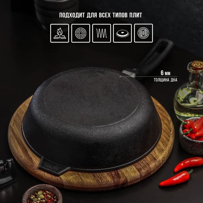 Сковорода литая Magma, d=24 см, h=6 см, пластиковая ручка, индукция, чугун, чёрная