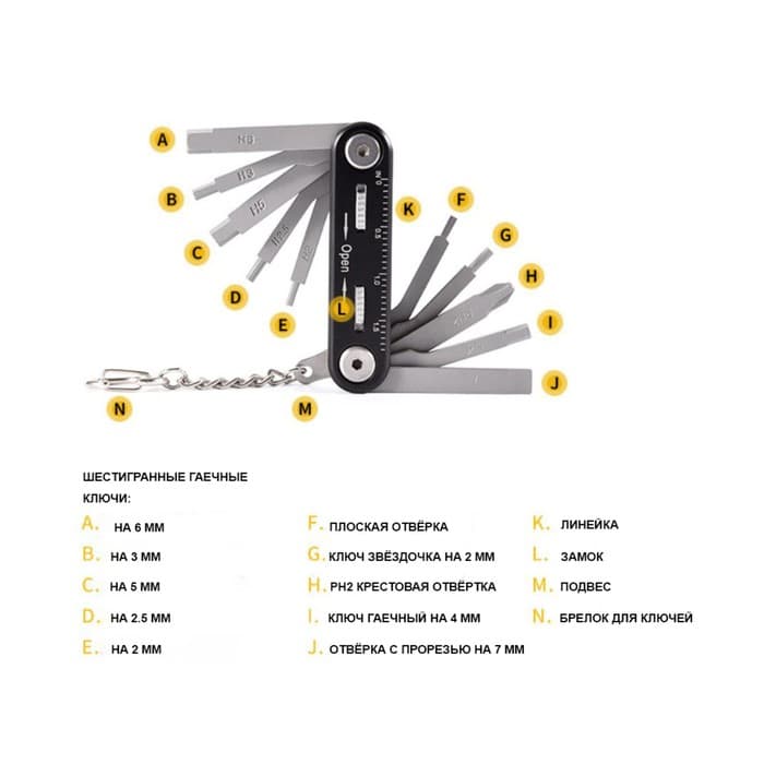 Мультитул 11 в1: отвёртки, ключи, линейка, черный