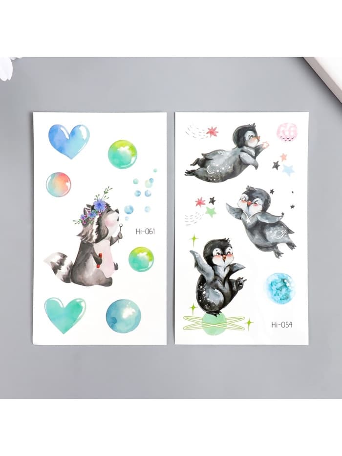 Переводная тату на тело цветная светящаяся «Енотик. Пингвины», 6×10.5 см, МИКС