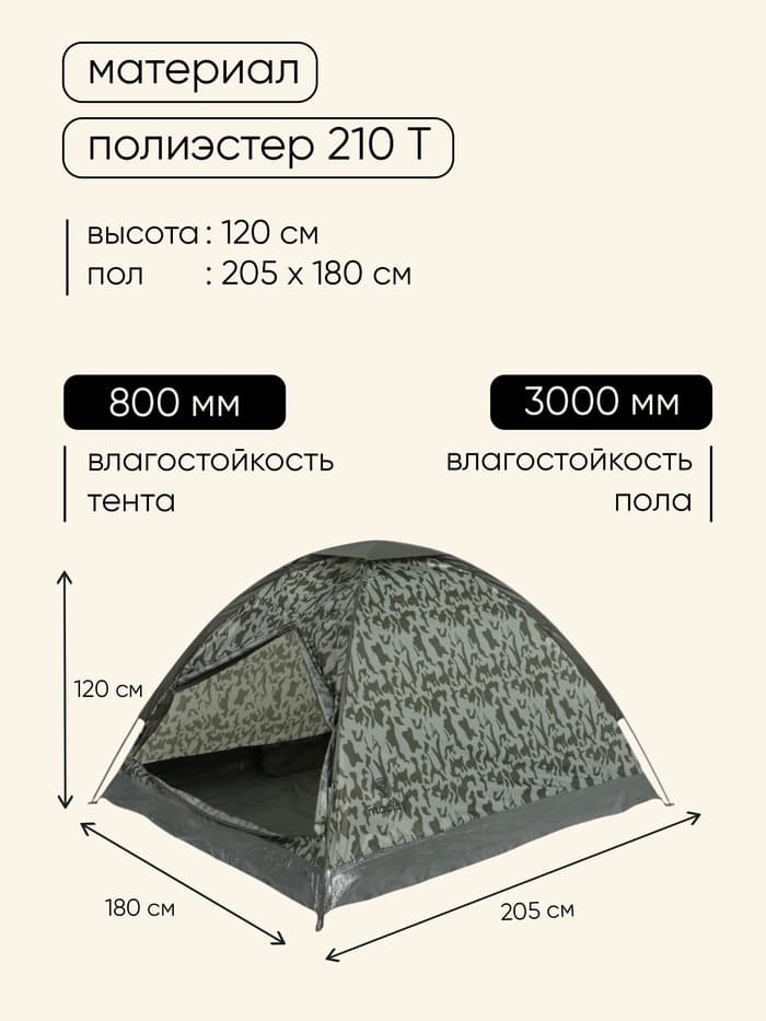 Палатка туристическая 3-местная maclay fisht sme 3, 205×180×120 см, трекинговая, однослойная, цвет камуфляж