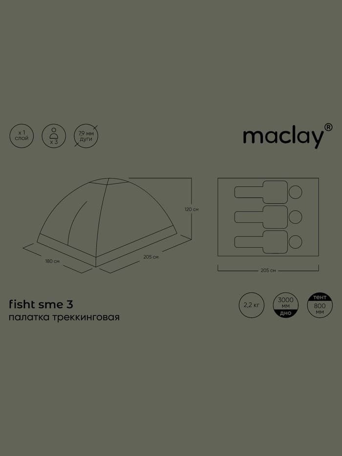 Палатка туристическая 3-местная maclay fisht sme 3, 205×180×120 см, трекинговая, однослойная, цвет камуфляж