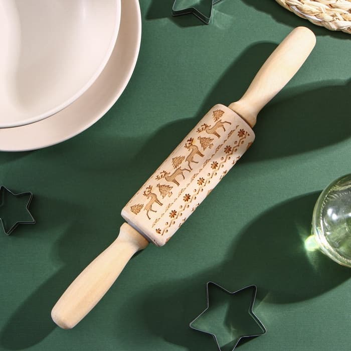 Скалка текстурная новогодняя Доляна, фигурная, 30×4 см, рабочая часть 11.5 см, вращающаяся