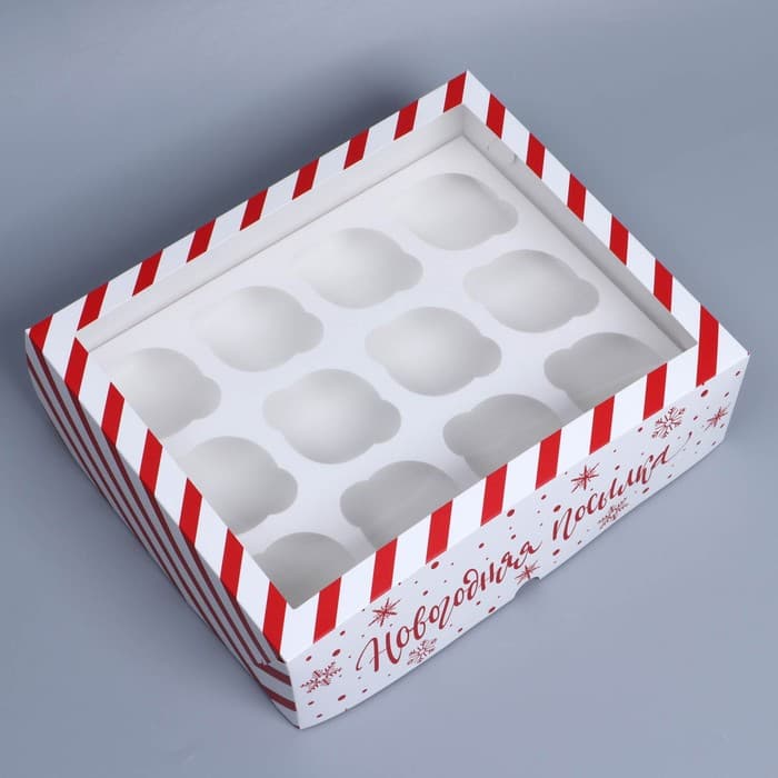 Коробка складная на 12 капкейков с окном «Новогодняя посылка», 32.5×25.5×10 см