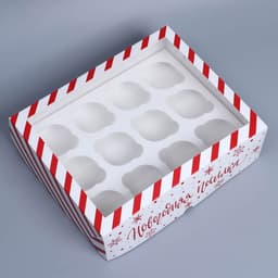 Коробка складная на 12 капкейков с окном «Новогодняя посылка», 32.5×25.5×10 см