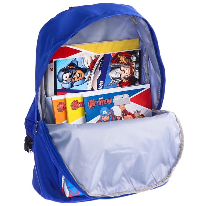 Рюкзак школьный на молнии со светоотражающим карманом, синий, 30 см×15 см×40 см «Мстители»