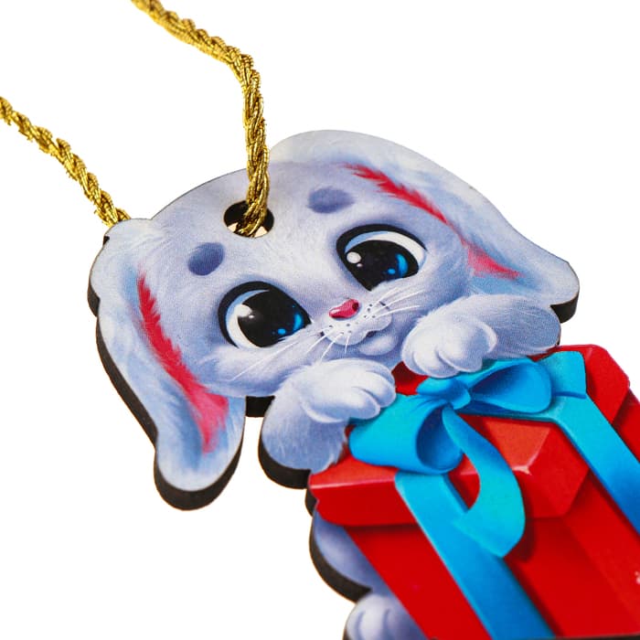 Ёлочная игрушка - подвеска деревянная Лесная мастерская Новый год! ‎Зайка с подарком»