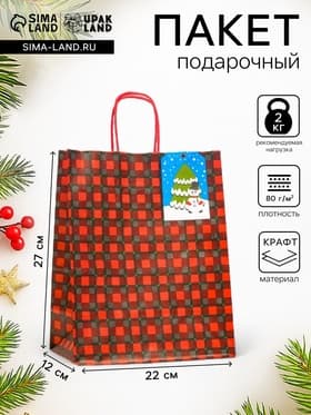 Пакет бумажный подарочный новогодний крафт «Красная клеточка» 22×12×27 см
