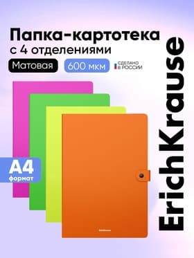 Папка-картотека на кнопке А4, ErichKrause Matt Neon, с 4 отделениями, пластик, микс