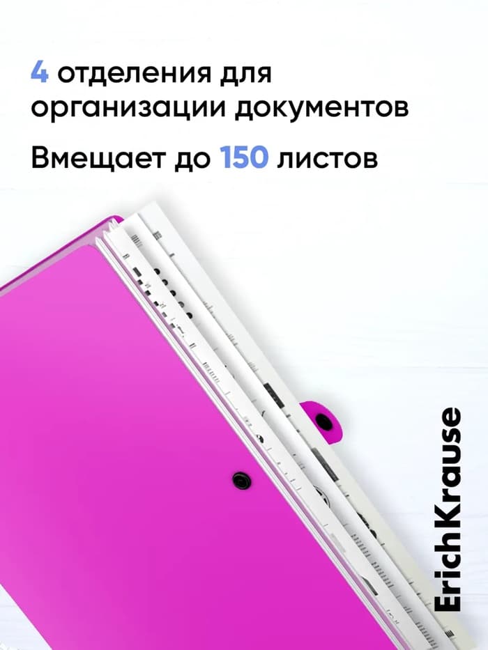 Папка-картотека на кнопке А4, ErichKrause Matt Neon, с 4 отделениями, пластик, микс