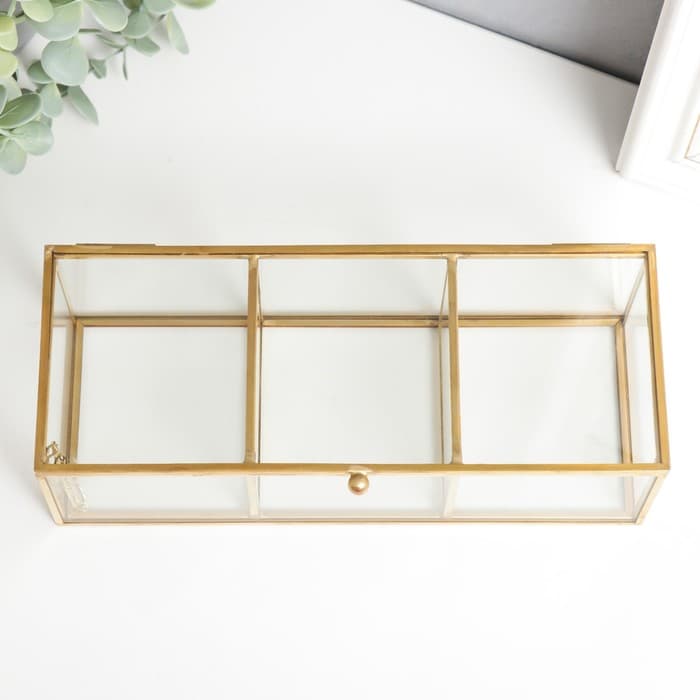 Шкатулка для украшений «3 деления», стекло, с металлическим каркасом, золото, 7×9×23 см