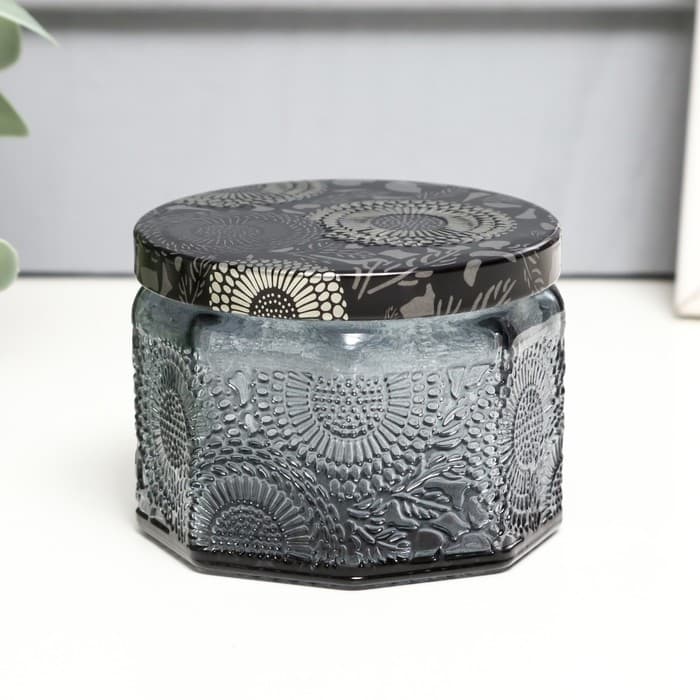Банка для свечей стеклянная с крышкой «Цветочная» серая, многогранник 5×7×7 см, МИКС