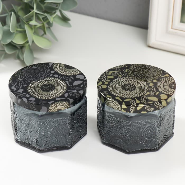 Банка для свечей стеклянная с крышкой «Цветочная» серая, многогранник 5×7×7 см, МИКС