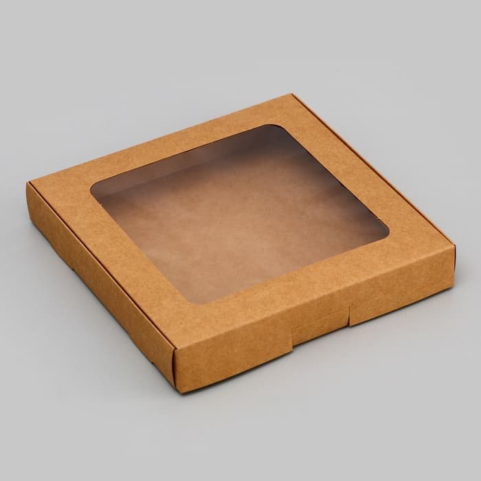 Коробка самосборная, крафт, с окном, 19×19×3 см