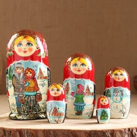 Матрёшка дерево «Парочка», красный платок, 5 кукольная, люкс, МИКС