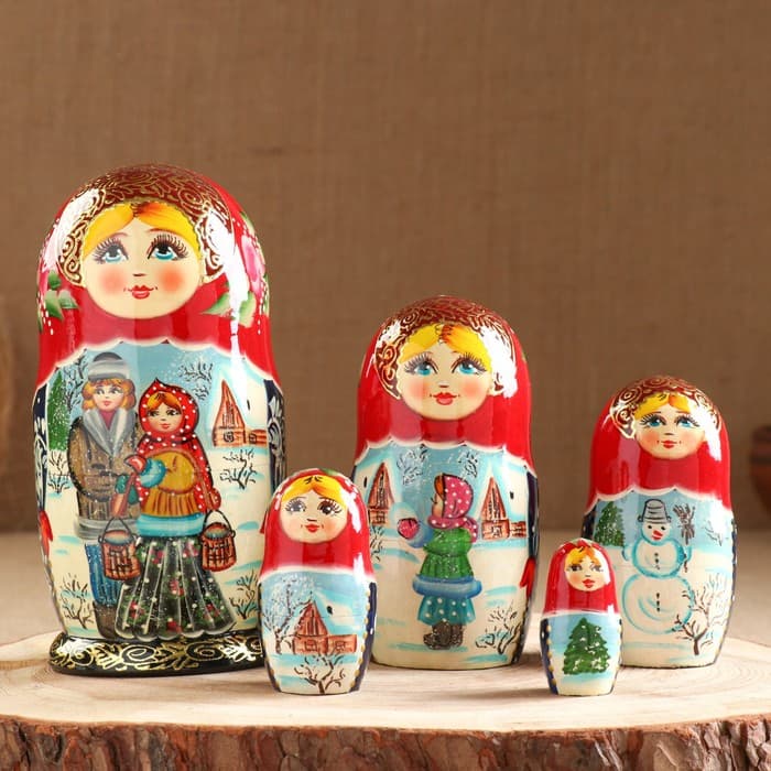 Матрёшка дерево «Парочка», красный платок, 5 кукольная, люкс, МИКС