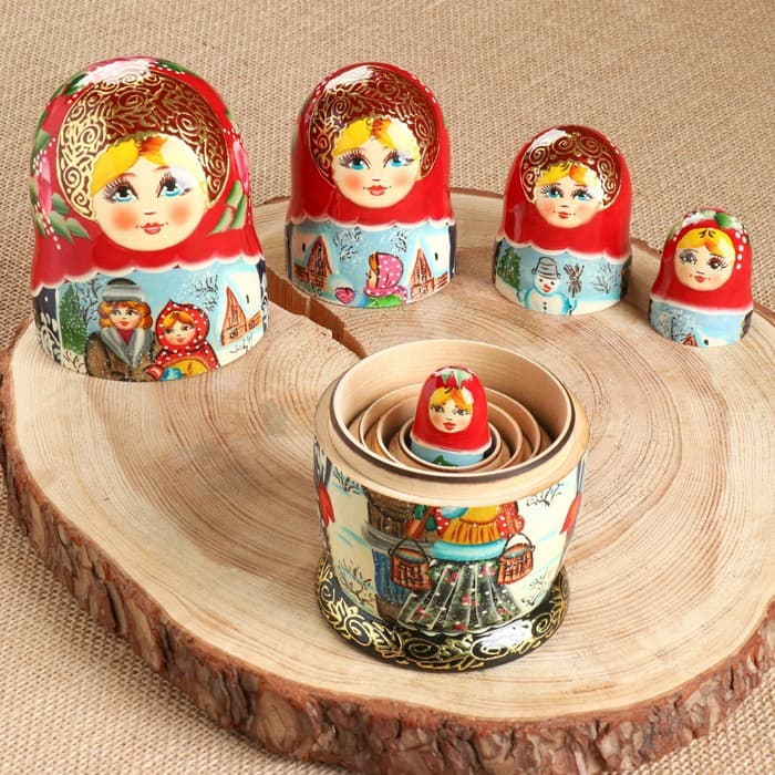 Матрёшка дерево «Парочка», красный платок, 5 кукольная, люкс, МИКС
