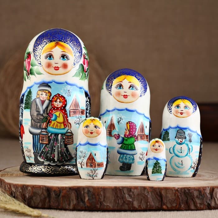 Матрёшка дерево «Парочка», красный платок, 5 кукольная, люкс, МИКС