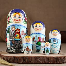 Матрёшка дерево «Парочка», красный платок, 5 кукольная, люкс, МИКС