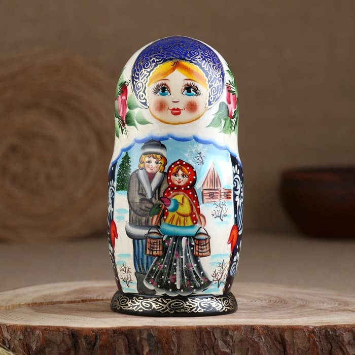 Матрёшка дерево «Парочка», красный платок, 5 кукольная, люкс, МИКС