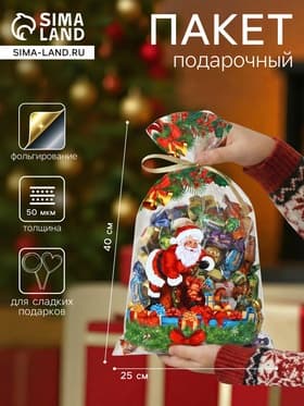 Пакет подарочный новогодний, для сладких подарков «Подарки» 25×40 см