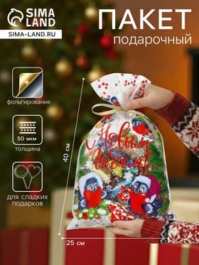 Пакет подарочный новогодний, для сладких подарков «Снегири» 25×40 см, цветной металлизированный рисунок