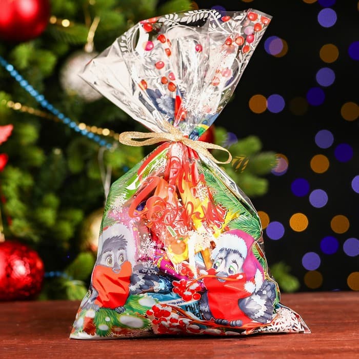 Пакет подарочный новогодний, для сладких подарков «Снегири» 25×40 см, цветной металлизированный рисунок