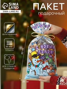 Пакет подарочный новогодний, для сладких подарков «Снеговик и заяц» 25×40 см