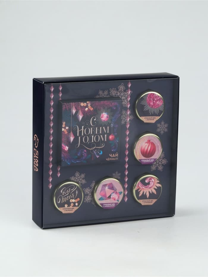 Подарочный набор новогодний «С Новым годом!»: чай чёрный (50 г), крем-мед (5 шт.×30 г)