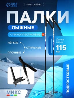 Палки лыжные стеклопластиковые, длина 115 см, цвет МИКС