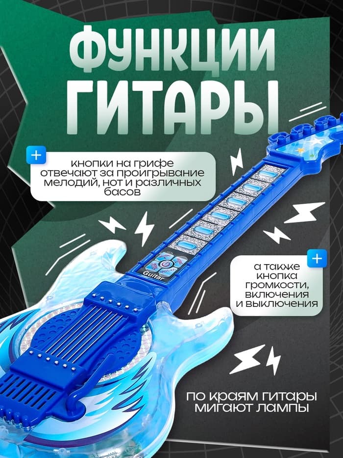 Музыкальная гитара с микрофоном, звук, свет, синяя
