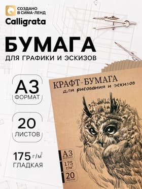 Крафт-бумага для рисования, графики и эскизов А3, 20 листов (300×420 мм), 175 г/м², в крафт папке, коричневая/серая
