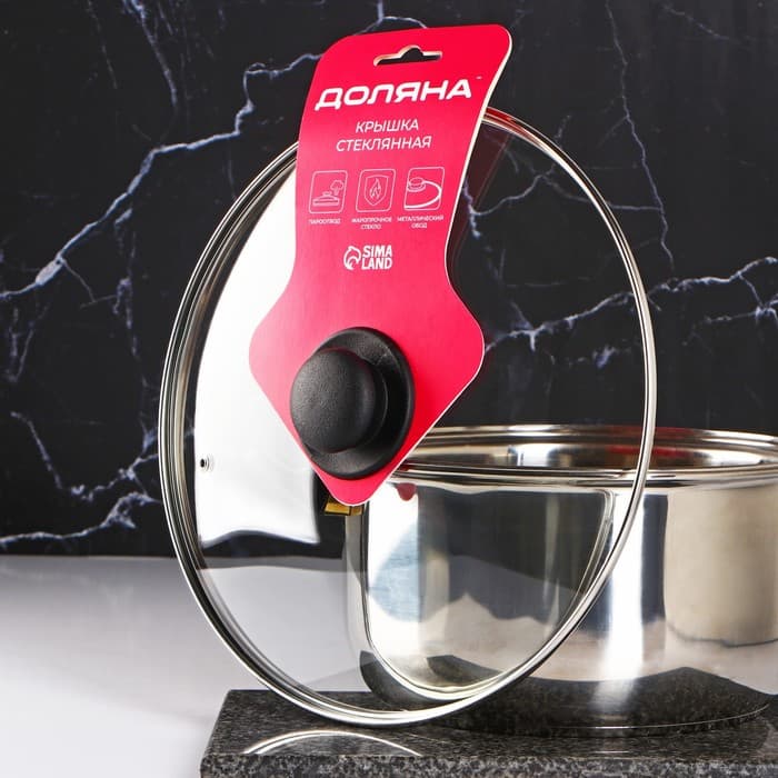 Крышка для сковороды и кастрюли Доляна, d=30 см, нержавеющий обод, пластиковая ручка, стекло, прозрачная