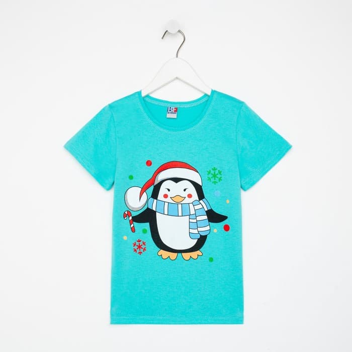 Футболка детская, цвет бирюзовый/пингвин, рост 116 см