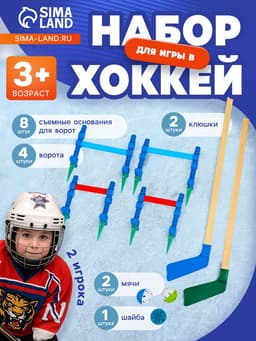 Хоккейный набор 3 в 1, 2 клюшки, 2 мяча, шайба, 4 ворота