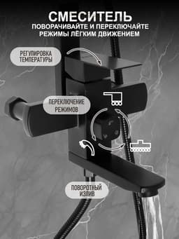 Душевая система ZEIN Z1006, смеситель, тропическая и ручная лейка, стойка, черный
