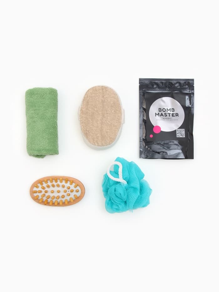 Подарочный набор «Этель» Eucaliptus, полотенце 30×60 см, мочалка, массажёр