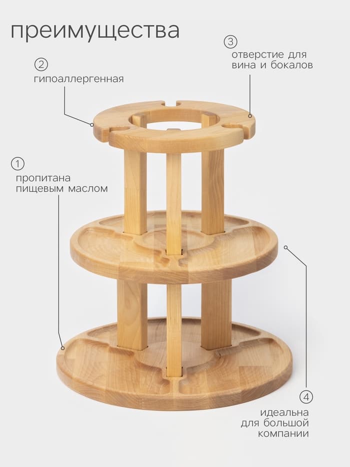 Менажница Adelica, 3-х ярусная с подставкой для вина, d=30×1.8 см, d=26×1.8 см, d=20×1.8 см, дерево берёза, в подарочной коробке
