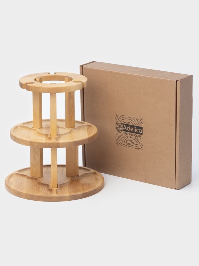 Менажница Adelica, 3-х ярусная с подставкой для вина, d=30×1.8 см, d=26×1.8 см, d=20×1.8 см, дерево берёза, в подарочной коробке