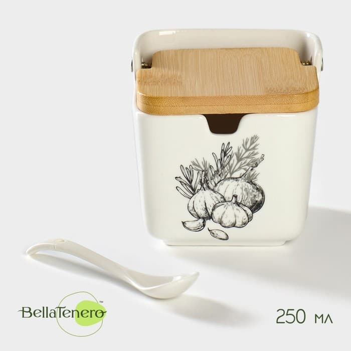 Банка для хранения сыпучих продуктов с ложкой «Эстет. Овощи», 250 мл, с бамбуковой крышкой, фарфоровая, белая