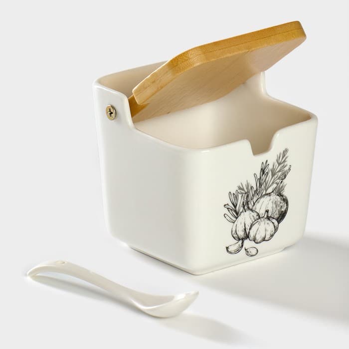 Банка для хранения сыпучих продуктов с ложкой «Эстет. Овощи», 250 мл, с бамбуковой крышкой, фарфоровая, белая