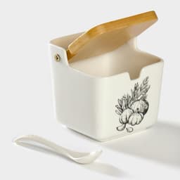Банка для хранения сыпучих продуктов с ложкой «Эстет. Овощи», 250 мл, с бамбуковой крышкой, фарфоровая, белая