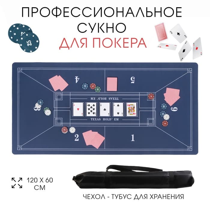 Сукно для покера, прорезиненное, 120×60 см, толщина 3 мм, синее