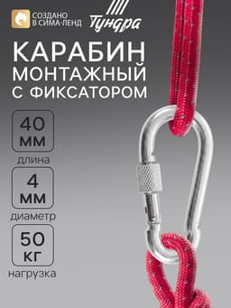 Карабин монтажный с фиксатором ТУНДРА krep, DIN5299D, 4×40 мм, оцинкованный, 1 шт.