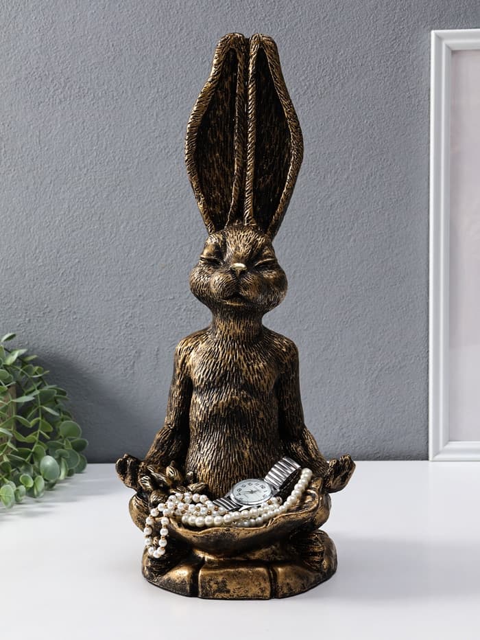 Фигура - подставка для мелочей полистоун «Заяц с лотосом», 20×16×43 см, под золото