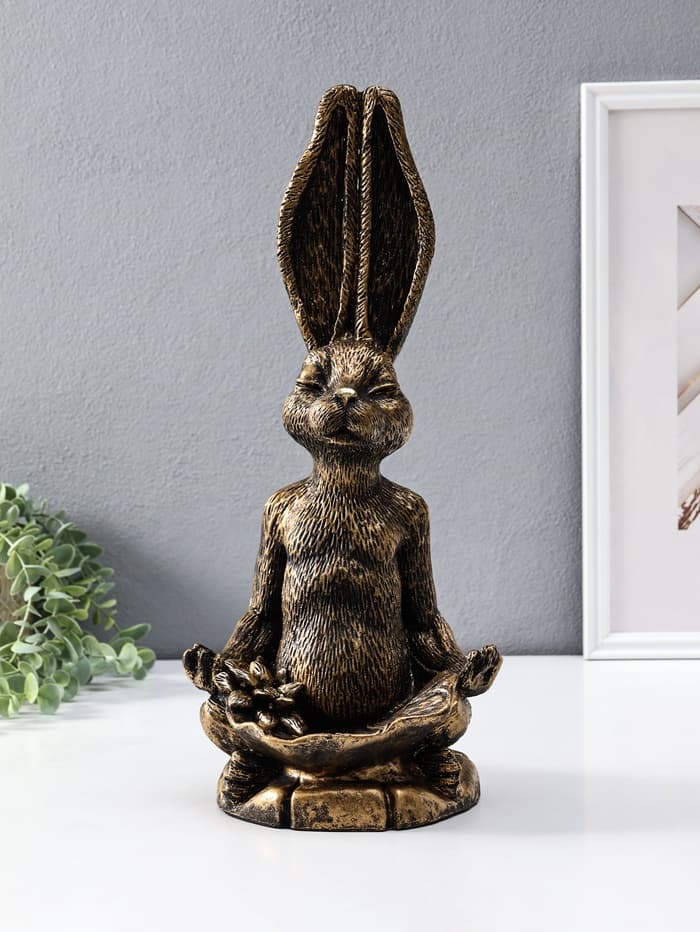 Фигура - подставка для мелочей полистоун «Заяц с лотосом», 20×16×43 см, под золото