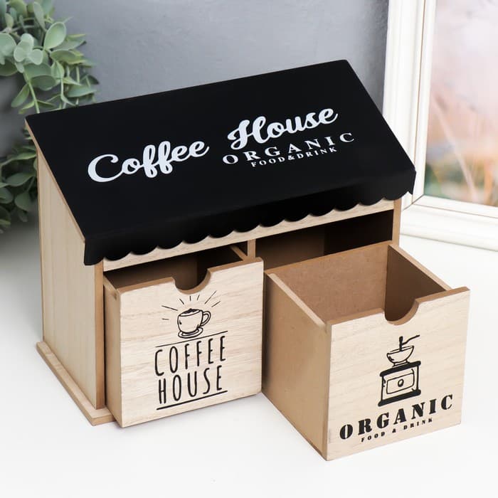 Шкатулка для украшений 2 ящика «Кофейный домик», дерево, 10.5×23.5×18 см