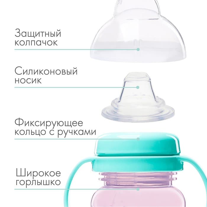 Поильник - непроливайка детский M&B с мягким носиком, от 9 мес., 270 мл., с ручками, розовый/бирюзовый