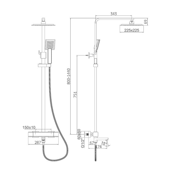 Душевая система Accoona A83306F, однорычажный, термостат, тропический душ, лейка, черный