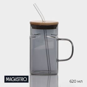 Банка Magistro «Эко», 620 мл, ручка, трубочка, с бамбуковой крышкой, стекло, прозрачная, чёрная